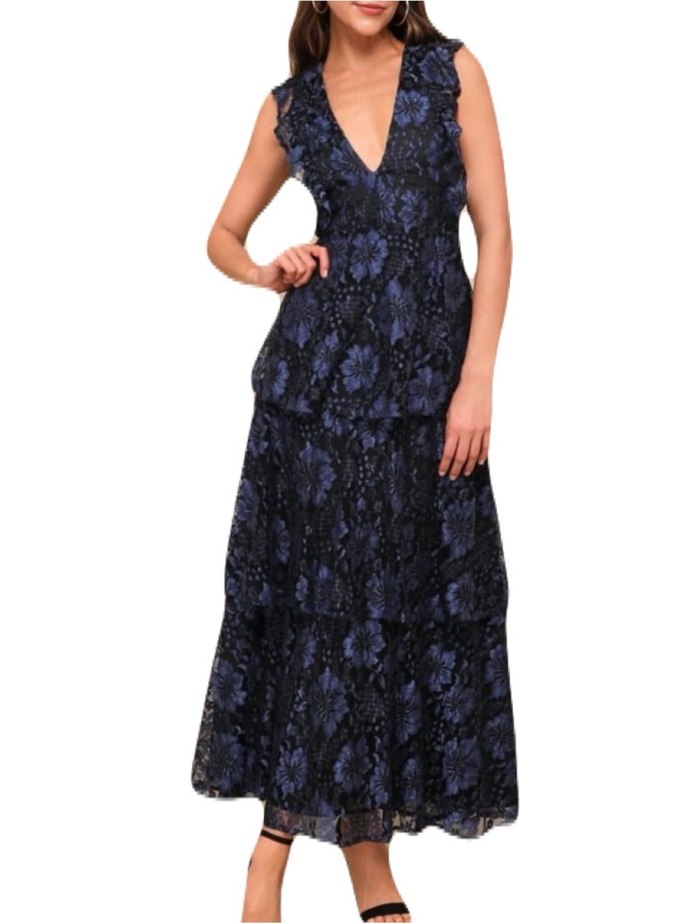 NEW Lulu's Large Navy & Black Floral Lace V-Neck Tiered Molinetto Maxi Dress